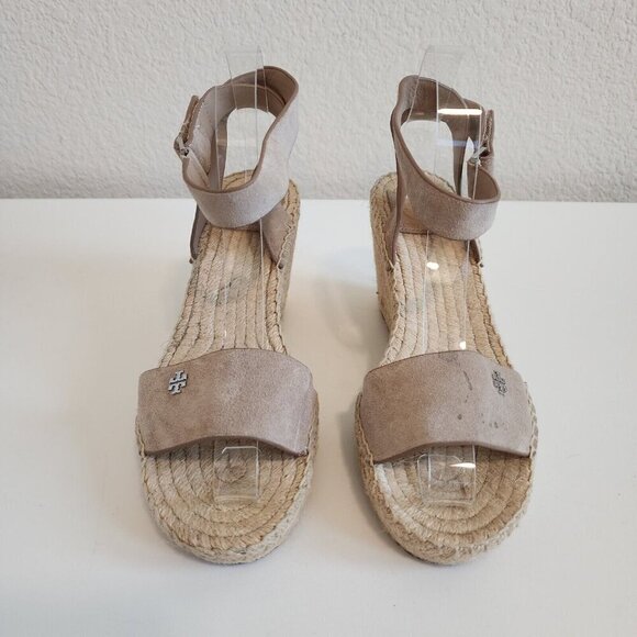 Tory Burch Bima 2 Tan Suede Wedge Jute Espadrille Ankle Strap Sandals Heels 8 - Picture 3 of 12